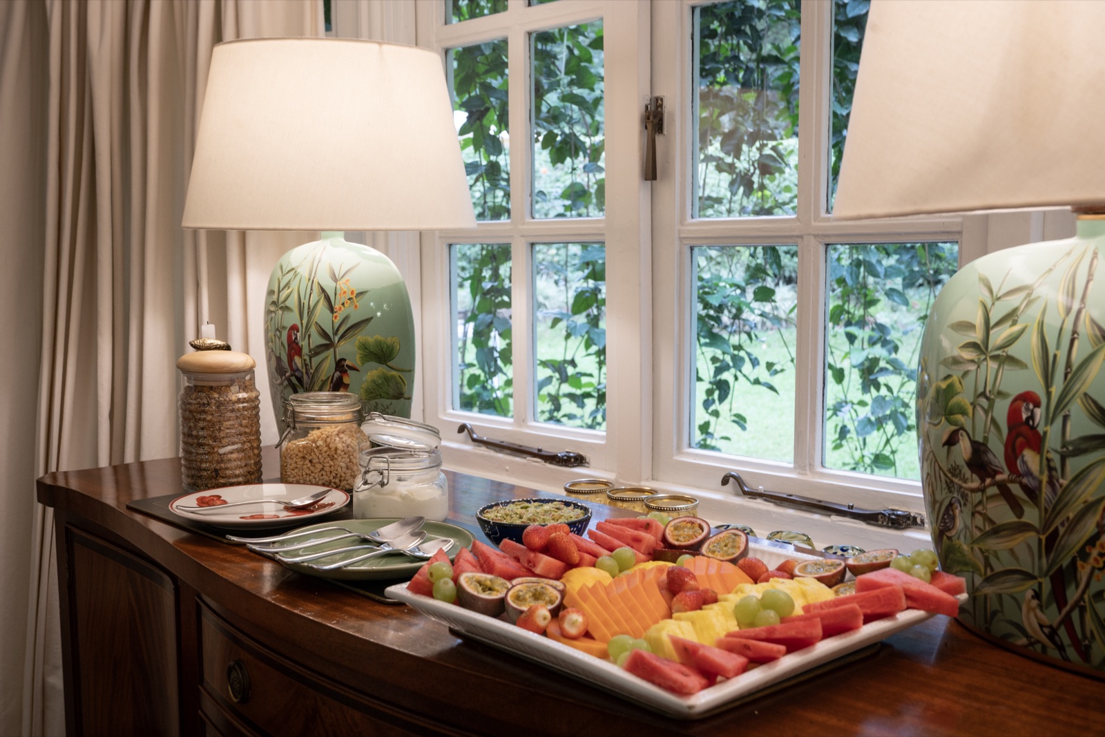 A platter of fresh fruit set out for breakfast